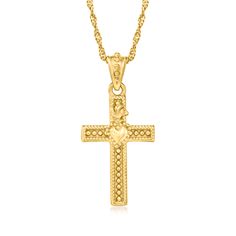 Ross-Simons - Italian 18kt Gold Over Sacred Heart Cross Adjustable Pendant Necklace. From Italy, this meaningful cross pendant necklace features a timeless devotional symbol of God's boundless love known as the Sacred Heart. Finely crafted in textured and polished 18kt yellow gold over sterling silver and suspended from a Singapore chain that adjusts from 24" to choker length. Lobster clasp, 18kt gold over sterling Sacred Heart cross pendant necklace. Scapular Necklace, The Sacred Heart, Detailed Necklace, Catholic Jewelry, Gold Cross Pendant, Gold Heart Necklace, Christian Jewelry, Gold Cross, Cross Pendant Necklace