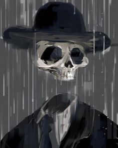 a skeleton wearing a hat and tie in the rain