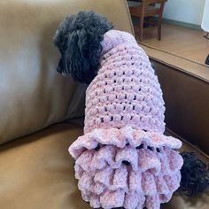 a small dog wearing a pink crochet dress on top of a couch next to a pillow