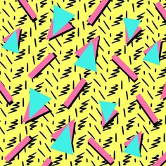 an abstract pattern with blue, pink and yellow triangles on a yellow background that looks like paint