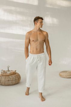 Experience the ultimate comfort and style with our men's linen pants featuring an elastic waist and adjustable ties. Made from high-quality linen, these loose trousers are perfect for both casual wear and relaxing at home. The adjustable waist with ties provides a customizable fit that's both comfortable and stylish, making them a great choice for a wide range of activities. Our men's linen pants feature a simple and versatile design, with a focus on both style and comfort. The high-quality line White Linen Bottoms For Relaxation, Mens Linen Pants, Pants Elastic Waist, Loose Trousers, Mens Linen, Linen Pants, Running Errands, Mens Pants, Casual Wear