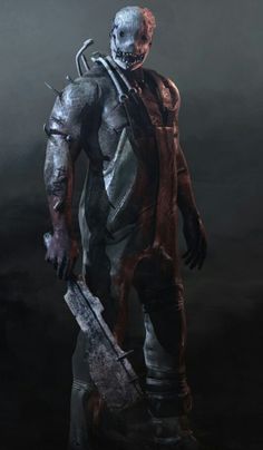 a character from the video game dead space standing in front of a dark background with an evil looking face