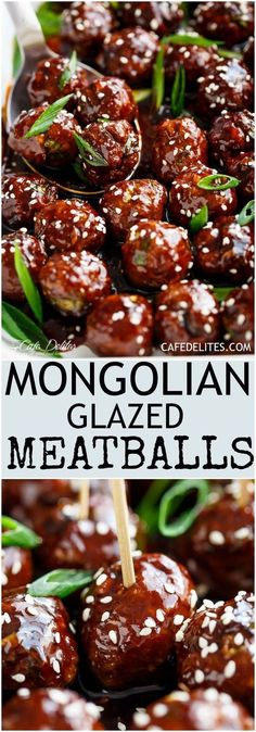 the meatballs are covered in sauce and garnished with green onions, served on skewers