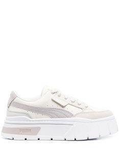 white grey calf leather panelled design logo tag perforated detailing almond toe front lace-up fastening branded insole platform sole Shoe Side View, City Dress, Puma Sneakers, Logo Tag, Iconic Bags, Latest Sneakers, Summer Beach Wear, Flat Boots, Ballet Flat Shoes