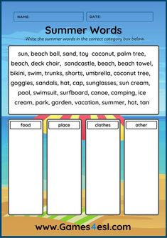 the summer words worksheet for kids