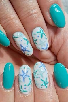 Teal Starfish Nails, Sea Nail Ideas, Ocean Nail Art Sea, Blue Starfish Nails, Blue Beachy Nails, Star Fish Nail Art, Summer Nails Starfish, Sea Star Nails, Blue Sea Nails