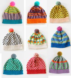 six hats with different colors and designs on them