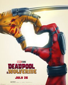 the poster for deadpool and wolverine shows two hands touching each other's fingers