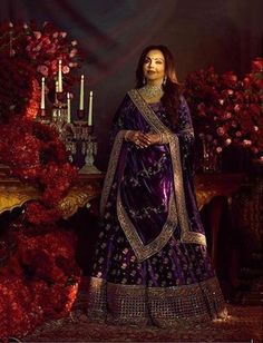 Voilet Color Velvet Silk Wedding Lehenga Sabyasachi Lehenga Bridal, Mother Of The Bride Looks, Purple Lehenga, Nita Ambani, Velvet Lehenga, Bridal Lehenga Designs, Sabyasachi Lehenga, Indian Lehenga Choli, Outfits Indian