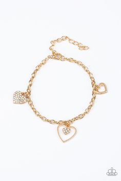 Paparazzi Accessories - Hearts And Harps - Gold Bracelet - Bling by JessieK Paparazzi Accessories Jewelry, Valentines Bracelets, Pink Jewels, Gold Hearts, Heart Frame, Paparazzi Accessories, Exclusive Jewelry, White Rhinestone, Inspired Jewelry