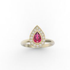 Exquisite halo ring set with a pear cut Pink Ruby and 16 natural diamonds. A sensational sense of luxury when you see how beautiful this ring sparkles. -Made to Order, perfectly finished, Fast shipping fully insured and trackable online. -Gemstone info: Pink Ruby 6x4 mm, pear cut, 0.59 ct -DIamond info: 16 Natural Diamonds 1.25 mm, VS-E, 0.20 ctw -Arrives gift ready with a certificate of authenticity. Ruby Gold Ring, Halo Ring Setting, Ring Elegant, Pink Ruby, Ring Ruby, Jewelry Drawing, Jewelry Tattoo, Diamond Halo Ring, Sparkling Rings