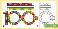 a coloring page with the words 100 on it and an image of a rainbow colored object