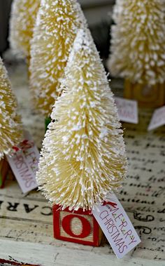 small white christmas trees with tags on them sitting in front of an old typewriter