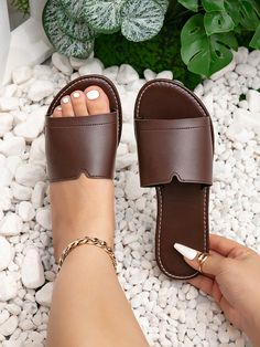 Wide Fit Women Casual Flat Slide Sandals, Round Toe Non-Slip House, Outdoor & Beach Slippers Chocolate Brown     Plain    Wide Fit Shoes, size features are:Bust: ,Length: ,Sleeve Length: Comfortable Brown Flip Flops For Summer, Comfortable Brown Summer Flip Flops, Casual Closed Toe Slides For Beach, Brown Flat Slippers For Summer, Flat Sandals For Beach In Summer, Casual Closed Toe Beach Slippers, Brown Slip-on Flip Flops For Summer, Brown Slip-on Slippers For Summer, Casual Brown Slippers For Beach