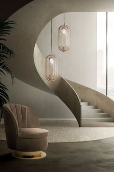 an elegant staircase in the middle of a living room with a chair and potted plant