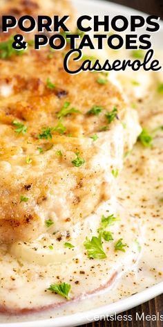 pork chops and potatoes casserole on a white plate