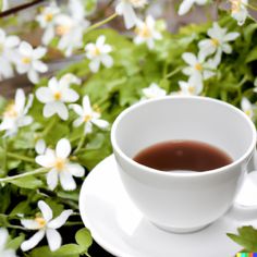 a cup of tea sitting on top of a white saucer next to some flowers