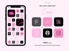 an iphone with icons on it and the text,'candy'written in pink