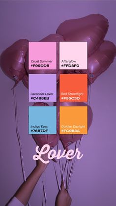 a bunch of balloons that are in front of a purple background with the words lover on it