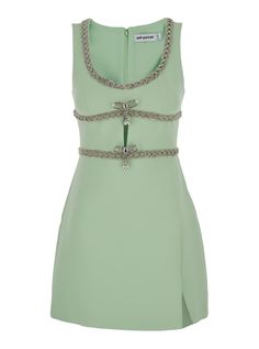 Mini Mint Green Dress With Bows And Crystals In Fabric Woman from self-portrait Mint Green Fabric, Mint Green Dress, Versace Shop, Self Portrait Dress, Chic Party, Invisible Zip, Luxury Dress, Embellished Dress, Mini Dresses