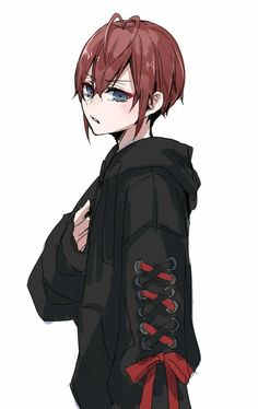 an anime character with red hair and blue eyes wearing a black jacket, standing in front of