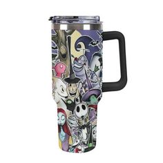 thermos travel mug with an image of cartoon characters on it and black handle