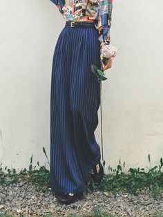 This price is for a pair of pants only.   	 		 			Size 			S 			M 			L 		 		 			Waist 			66 			70 			74 		 		 			Hips 			108 			112 			116 		 		 			Full Length 			102 			105 			108 Wide Striped Pants Outfit, Queer Women Fashion, Striped Clothes, Boss Style, Style Collage, Dark Blue Pants, Striped Wide Leg Pants, High Waist Fashion, Ironing Board