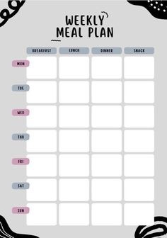 a printable meal plan with black and white designs on the side, including an image of