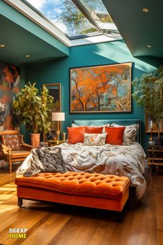 a bed sitting under a skylight in a bedroom next to a painting on the wall