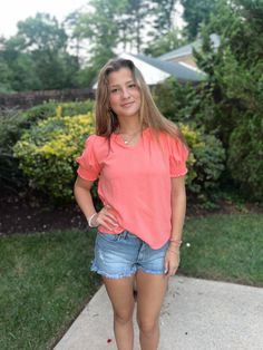 Coral, Solid Top, Ruffled V-Neck, Smocked Sleeves Casual Short Sleeve V-neck Top For Brunch, Summer V-neck Smocked Top For Brunch, Chic V-neck Smocked Top For Day Out, Casual V-neck Top With Smocked Back, Trendy V-neck Top With Smocked Back, Casual V-neck Top For Spring, Feminine V-neck Smocked Top For Summer, Summer Feminine V-neck Smocked Top, Feminine V-neck Smocked Top With Ruffles