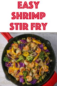 shrimp stir fry with broccoli and peppers in a skillet