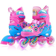 children's roller skates with pink wheels and colorful design on the front wheel