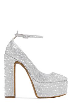 Shop Silver Embellished Platform Block High Heels at MISSLOLA.COM Sparkle Platform Heels, Quinceanera Heels Silver, Silver Block Heels Prom, Heals For Proms, Silver Glitter High Heels, Quince Shoes Heels, Silver Heels Closed Toe, Silver Heels Aesthetic, Prom Heels Sparkly