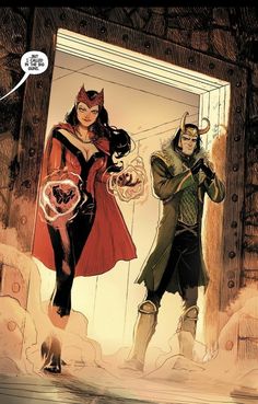 two people standing in front of an open door, one wearing a cat mask and the other with horns