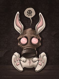 a drawing of a rabbit wearing a gas mask and sitting on a table with a skull in the background