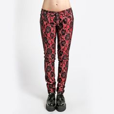 Dive Into A World Of Edgy Fashion With These Tripp Nyc Floral Print Skinny Jeans. A Bold Statement Piece, These Jeans Combine Comfort And Style, Making Them An Essential For Any Fashion-Forward Wardrobe. The Intricate Floral Design Adds A Touch Of Elegance, While The Skinny Fit Ensures A Sleek Silhouette. Skinny Fit Floral Print Button And Zipper Closure Belt Loops Size 25 Tripp Nyc Brand High-Quality Fabric 97% Cotton, 3% Spandex All Items Come From A Smoke Free Home, Cat Friendly But They Have Gothic Red Bottoms For Party, Fitted Red Lace Bottoms, Home Cat, Tripp Nyc, Cat Friendly, Red Lace, Edgy Fashion, Alternative Fashion, Fit Jeans