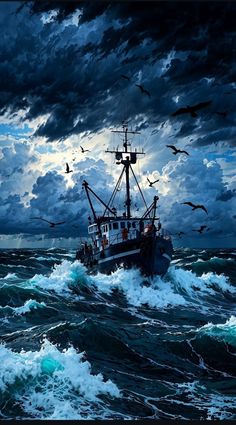 a painting of a boat in the ocean with birds flying around it and dark clouds