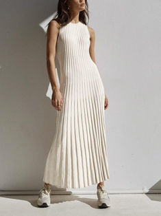 Camille Knit Pleat Maxi Dress - AnotherChill Luxury White Short Sleeve Maxi Dress, Luxury White Maxi Dress With Smocked Bodice, Luxury White Maxi Length Gown, Luxury White Chiffon Maxi Dress, Luxury Pleated Maxi Dress For Spring, Luxury White Maxi Dress For Daywear, Luxury Cream Maxi Dress For Daywear, 90s Y2k Fashion, Baggy Dresses