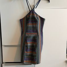 Never Worn, Purchased From Farm Rio In Rio De Janeiro Brazil A Few Years Ago. Super Cute Fitted. No Stretch, Canvas Like Denim Material Waist Across 13.5” Hips Across 18” Armpit To Bottom Hem 23” Widest Part Of Chest 14.5” Across Bohemian Striped Fitted Dress, Bohemian Fitted Striped Dress, Fitted Bohemian Striped Dress, Fitted Patterned Festival Dresses, Fitted Patterned Dress For Festival, Denim Material, Farm Rio, Rio De Janeiro, Stretch Canvas