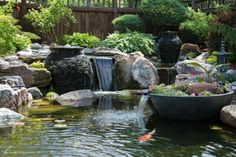 a fish pond in a backyard with rocks and water features, including koi carpies