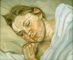 a painting of a woman laying in bed with her head on the pillow and eyes closed