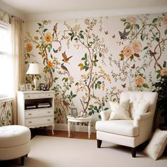 a living room with floral wallpaper and white furniture