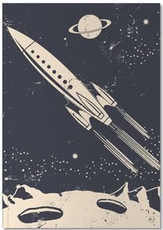 an old poster with a space shuttle flying over the moon and stars in the sky