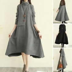 Great shopping ideas for Women Winter Loose High-Neck Dress Long Sleeves Warm A-Line Sweater Dress, Sweaters Dresses Casual Winter Dresses For Older Women, Long Warm Dress Winter, Sweater Jumper Dress, High Neck Long Dress, Women's A Line Dresses, Cheap Dresses Casual, Grey Midi Dress, Dress Long Sleeves, Long Sleeve Midi Dress