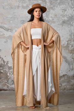 SAHMERAN Kimono Zhenabia, Image Beige Long Bohemian Kimono, Beige Bohemian Long Kimono, Long Beige Kimono For Festival, Beige Long Kimono For Festival, Traditional Wrap Kaftan For Spring, Oversized Beige Bohemian Kimono, Flowy Bohemian Beige Kimono, Beige Flowy Bohemian Kimono, Bohemian Cape Shawl For Summer