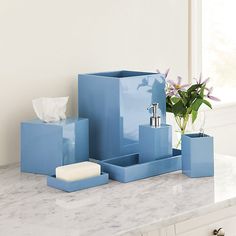 blue bathroom accessories sitting on top of a counter next to a plant and tissue dispenser