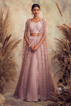 Buy Purple Organza And Net Embroidery Pearl Sweetheart Neck Cape Lehenga Set For Women by Niamh By Kriti Online at Aza Fashions.