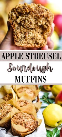 apple streusel sourdough muffins with apples in the background and text overlay