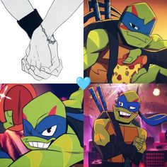 teenage mutant ninja turtles holding hands with each other