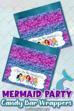 the mermaid party candy bar wrappers are purple and blue